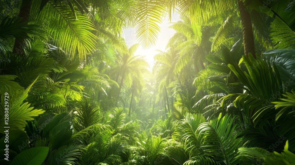 Dense tropical rainforest with lush greenery and exotic plants, creating a vibrant jungle landscape filled with rich biodiversity, misty atmosphere, and natural beauty.