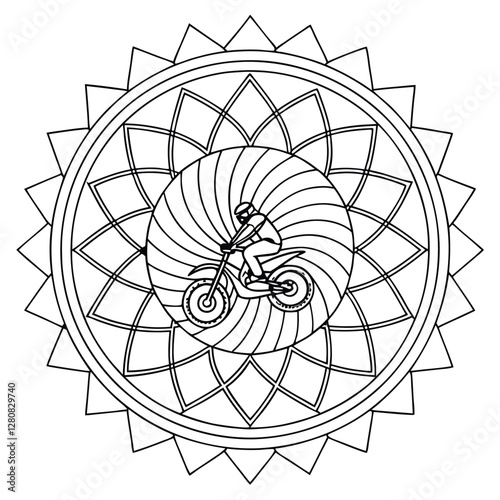 Motocross Mandala Coloring Page: Intricate Design with Motorbike Rider for Relaxation & Creative Fun, Printable Art Therapy for Adults & Kids