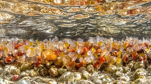 Underwater ocean seabed, colorful sea life, shallow water, rocky bottom, marine ecosystem, nature photography photo