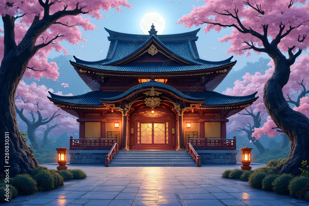 Fototapeta premium Japanese and Chinese temples with a garden gate in the morning, featuring traditional architecture and pagodas under the sky