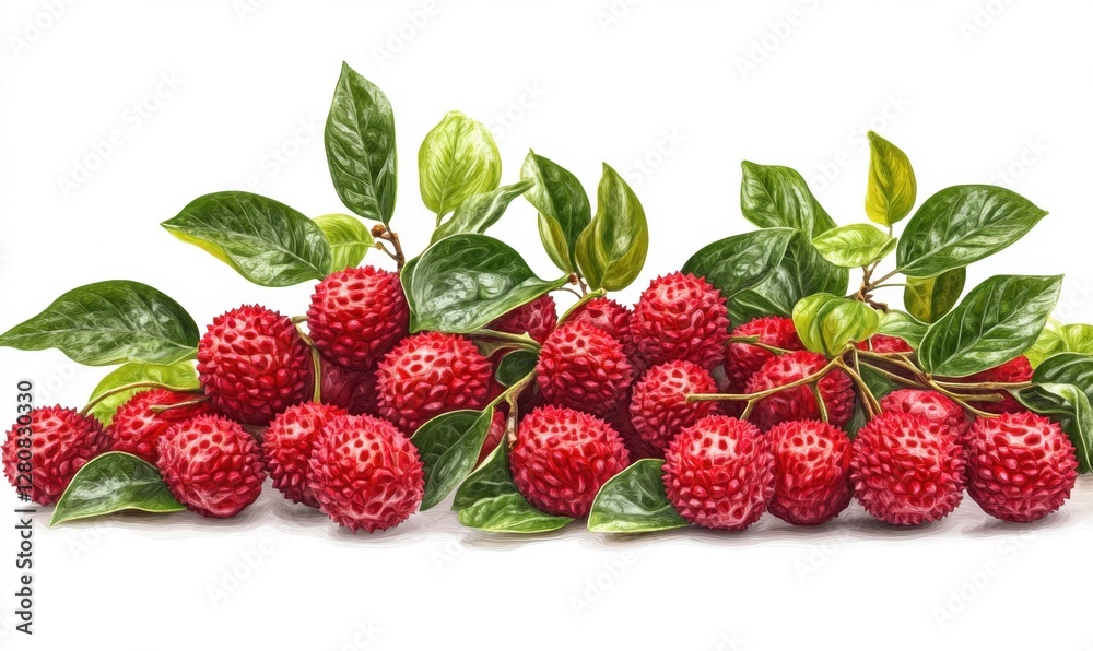 Fresh lychee fruits arranged artistically on a white background with green leaves, ideal for food photography Fresh lychee fruits arranged artistically on a white background with green leaves, ideal for food photography