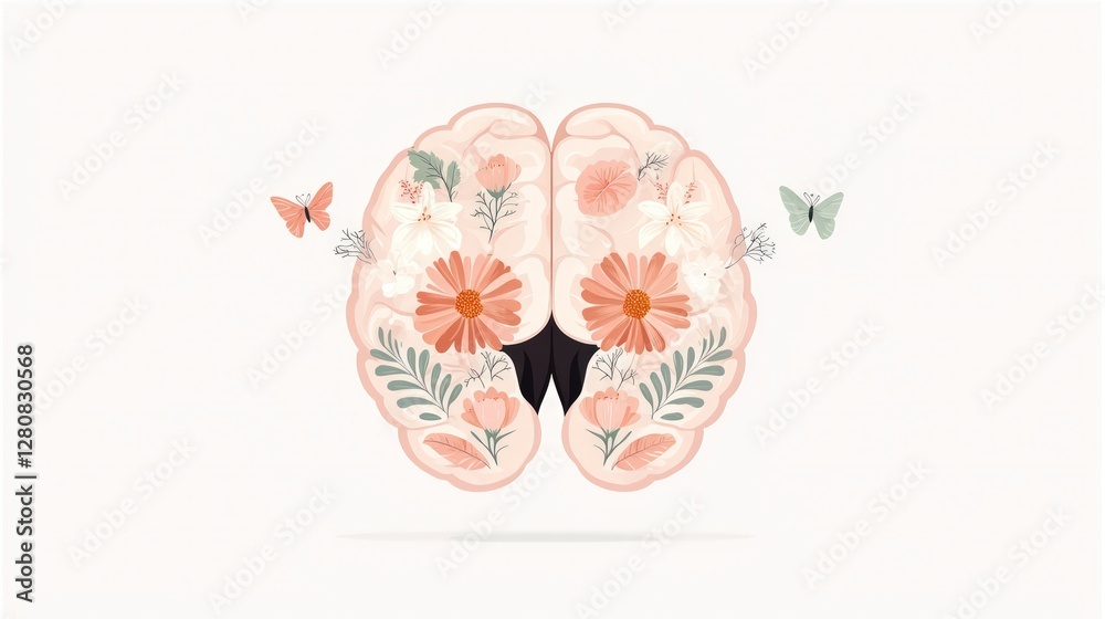 Obraz premium Blooming Mind Floral Brain Butterflies Mental Health Creativity Wellness