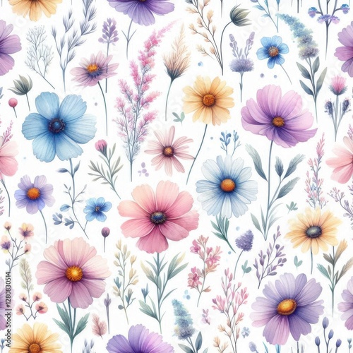 Watercolor multicolored wild flowers pattern