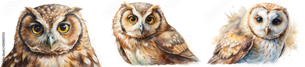 Naklejka premium Realistic watercolor owls, detailed feathers, vibrant eyes, artistic style, nature illustration, wildlife art, educational purpose.
