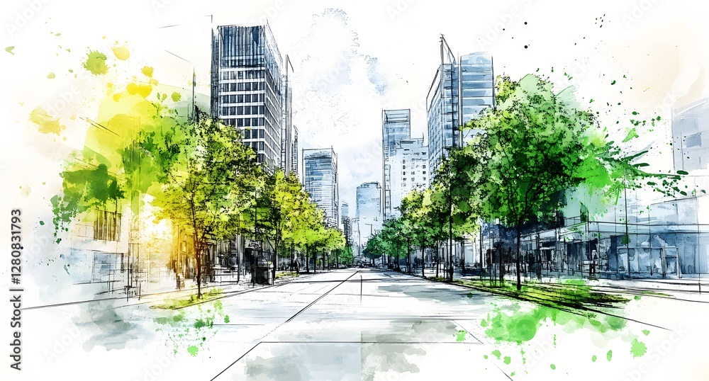 Naklejka premium The design concept of a modern sustainable city with green trees and buildings in the middle of the environment. Which increases people's interest in the environment and modern city building.