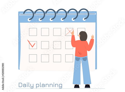 Person standing near calendar, daily planning, time management concept, planning events and deadline concept, flat vector illustration