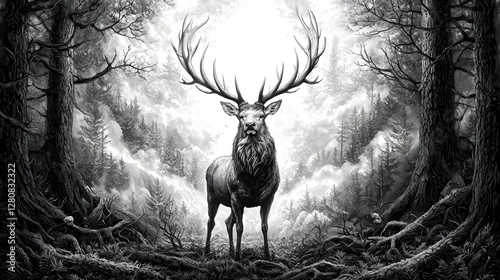 A majestic stag standing tall and proud in a dense moody forest its intricate antlers silhouetted against the misty atmospheric backdrop  The scene is rendered in a classic ink engraving style