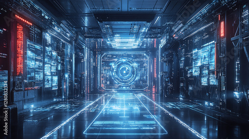 A cybernetic gateway with holographic symbols floating