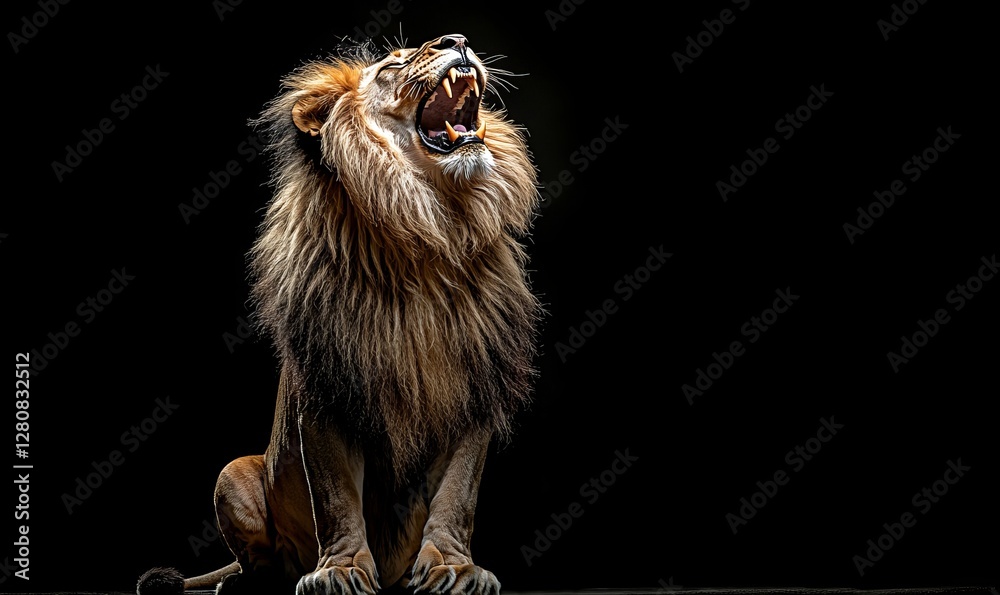 Fototapeta premium Majestic Lion Roaring with Funny Expression on Black Background, Animal Humor and Wildlife Photography