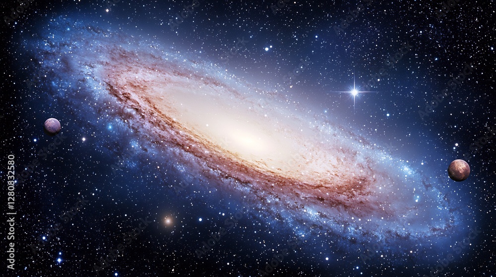 Fototapeta premium Spiral Galaxy with Planets, Deep Space, Cosmic Background, Astronomy, Science Illustration