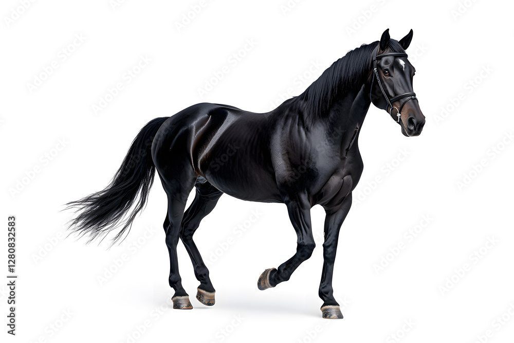 Fototapeta premium A black horse galloping isolated on white background