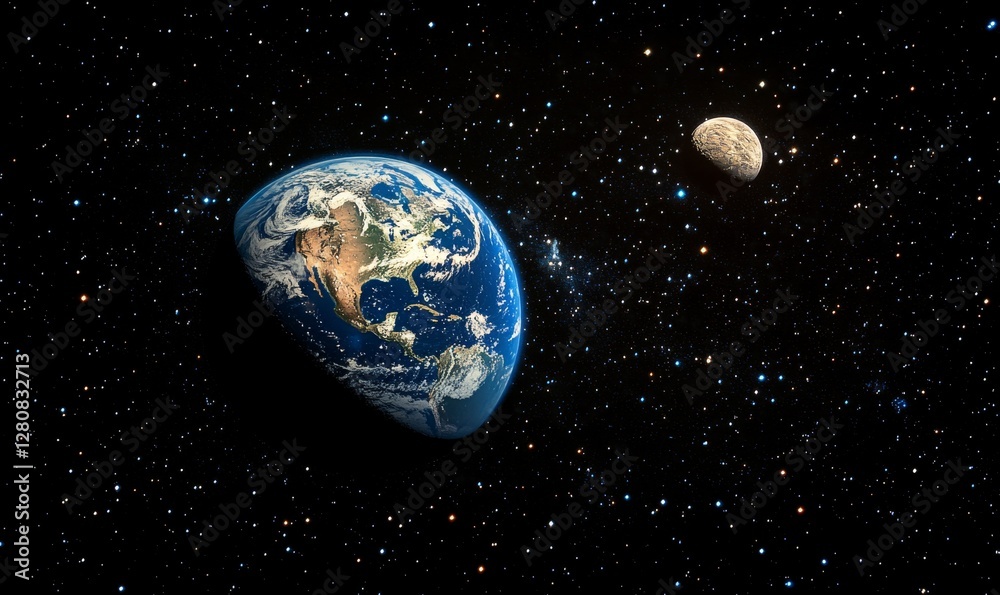 Naklejka premium Dramatic Space Scene with Glowing Planet and Distant Moon Amidst Colorful Nebula, Nighttime Earth Captured from Space