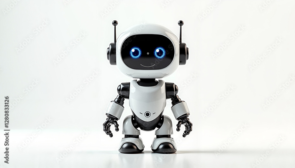 Cute futuristic robot with glowing eyes in a modern indoor setting Cute futuristic robot with glowing eyes in a modern indoor setting