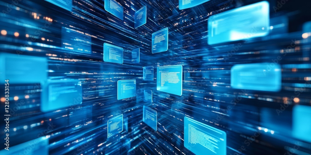 Fototapeta premium Illustration of a document management system (DMS) with file storage using binary data. technology to manage digital information between several users