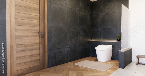 Two tone black and white Mockup scene bathroom with shower and Toilet and decoration on modern toilet room japanese style .3D rendering