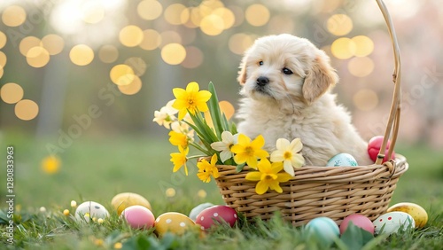 Easter Puppy in a Basket with Daffodils and Painted Eggs
