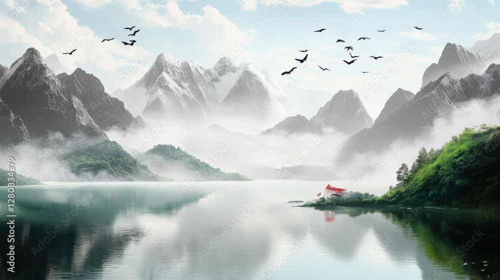 Naklejka premium Chinese style landscape paintings featuring red leaves and high mountains