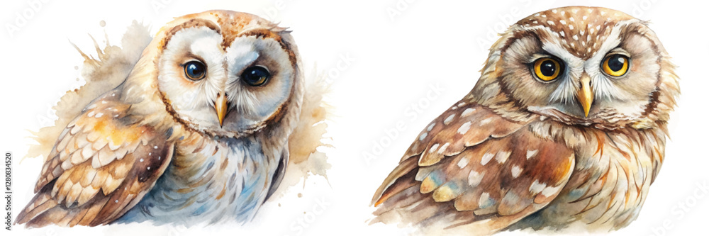 Obraz premium Watercolor owl illustrations, detailed bird portraits, artistic animal art, nature-inspired decor, wildlife paintings.