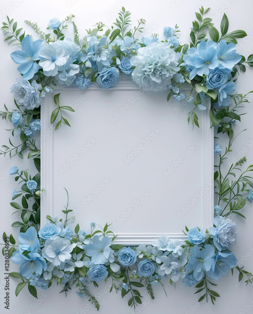 Fototapeta premium Fresh baby blue flowers delicately framing a white tray for a peaceful centerpiece that adds beauty and tranquility to your decor for Copyspace and Text Background