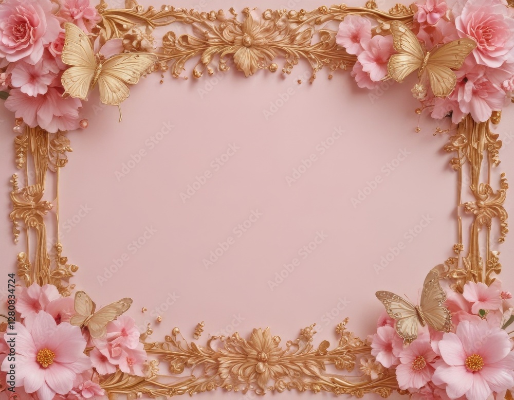 an elegant golden frame embellished with soft pink flowers and a butterfly, creating a delicate and romantic atmosphere perfect for invitations, home decor, or spring-themed designs an elegant golden frame embellished with soft pink flowers and a butterfly, creating a delicate and romantic atmosphere perfect for invitations, home decor, or spring-themed designs