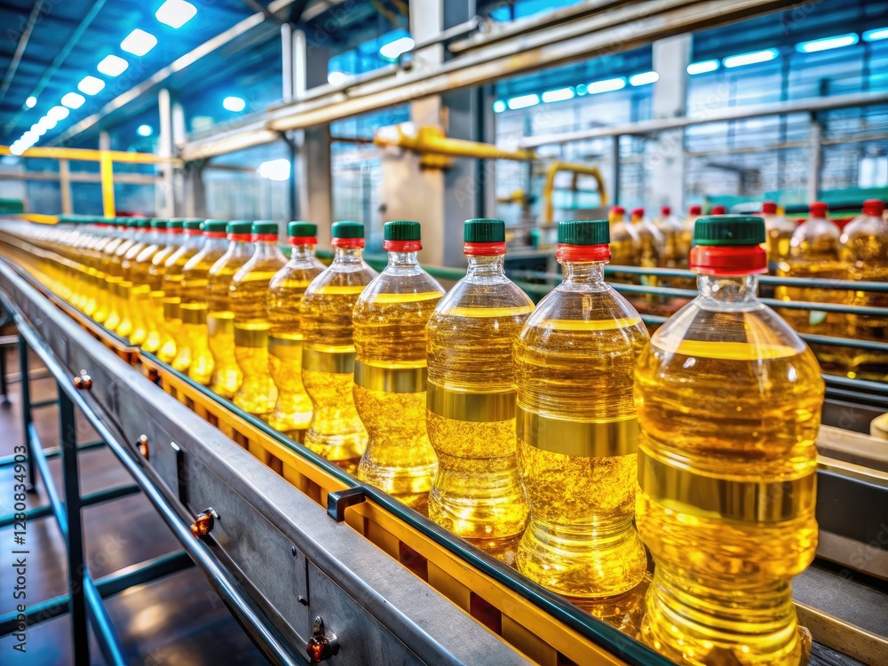 Automated bottling line efficiently packages cooking oil for mass consumer markets. Automated bottling line efficiently packages cooking oil for mass consumer markets.