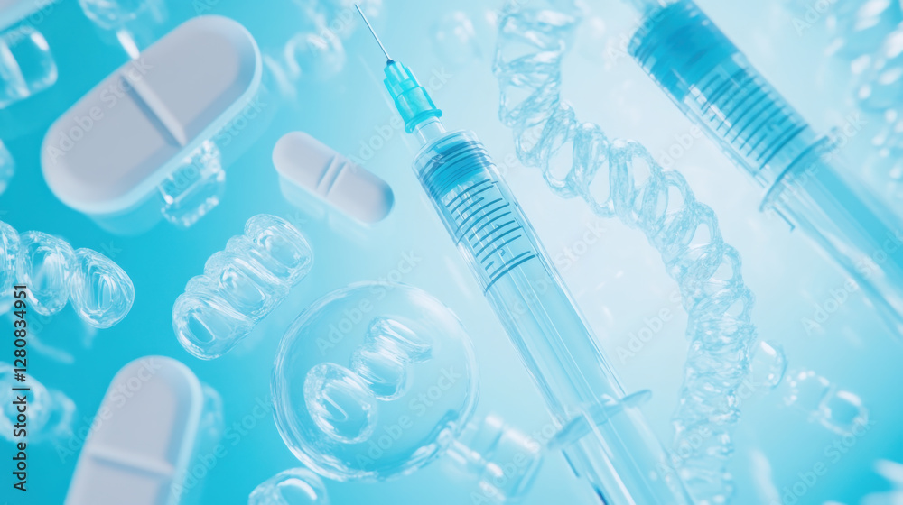 Innovative biotechnology concepts with dna helix, syringe, and pills Innovative biotechnology concepts with dna helix, syringe, and pills