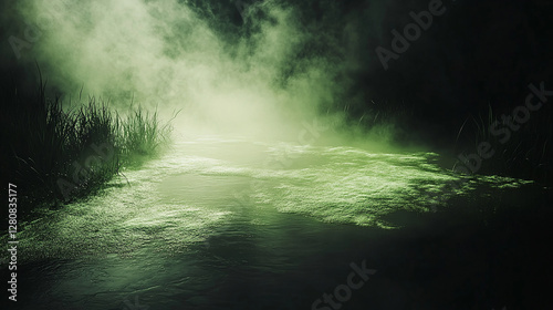 A dark swamp filled with eerie green miasma glowing
