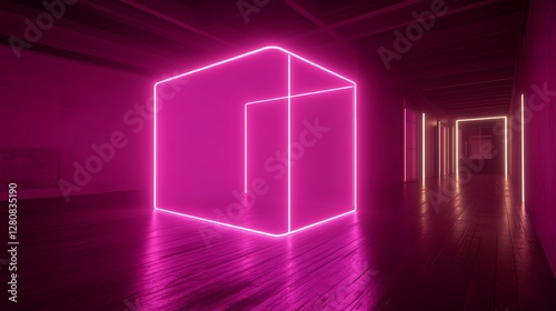 Pink Neon Cube Illuminates Dark Room Interior