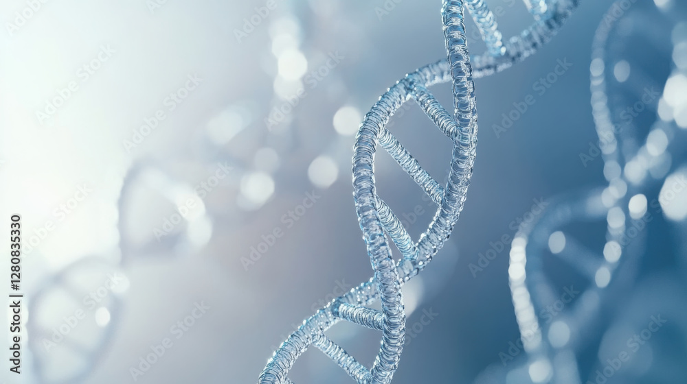 Close-up of dna helix on soft blue background highlighting genetic science Close-up of dna helix on soft blue background highlighting genetic science