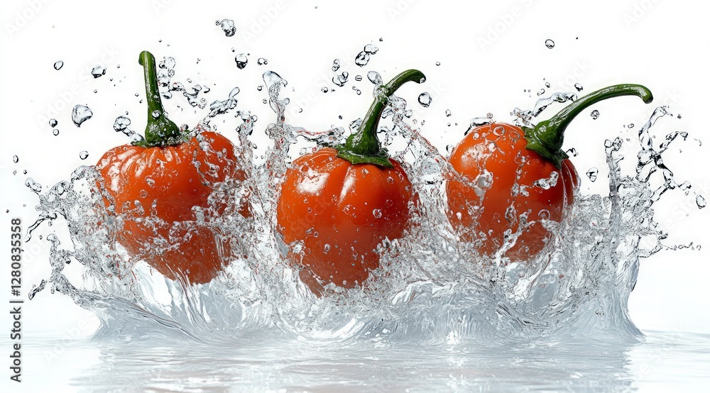 Three Orange Peppers Splashing in Water High Resolution Food Photography Three Orange Peppers Splashing in Water High Resolution Food Photography