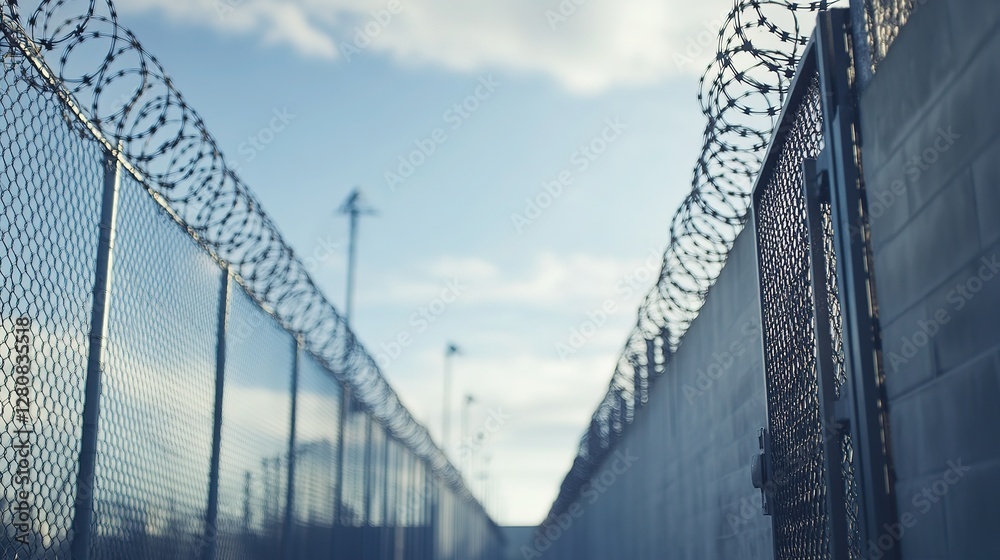 Fototapeta premium Prison gate opening with barbed wire fences, symbolizing freedom, new beginnings, and second chances. Concept of release, hope, and fresh start in life.