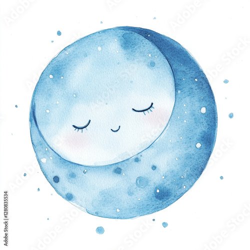 Sleepy Blue Moon Minimal Isolated Watercolor Cute Design Featuring a Serene Night Sky with Soft Hues and Gentle Shapes Perfect for Whimsical Art and Dreamy Decor photo