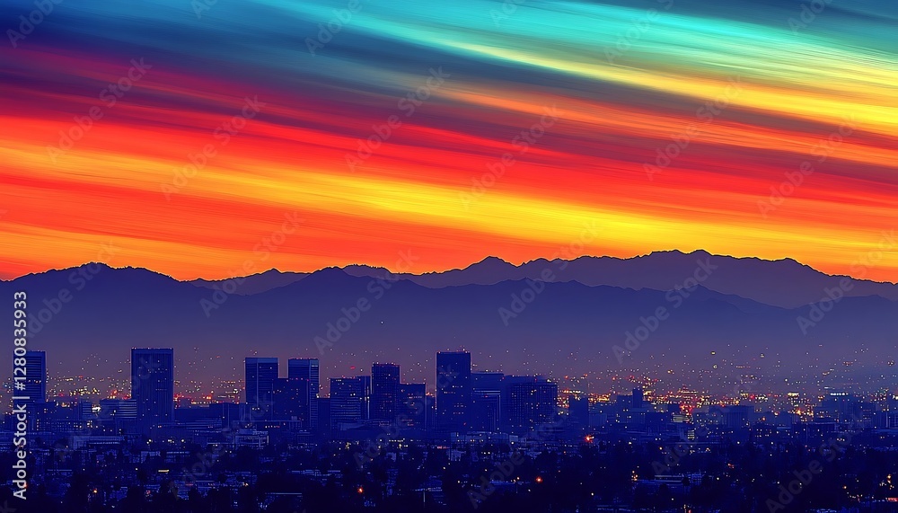 Obraz premium City skyline at vibrant sunset over mountains. Possible use Stock photo for nature, travel, cityscape, or background