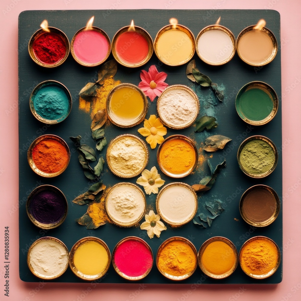 Colorful diwali rangoli display with candles and natural dyes Colorful diwali rangoli display with candles and natural dyes