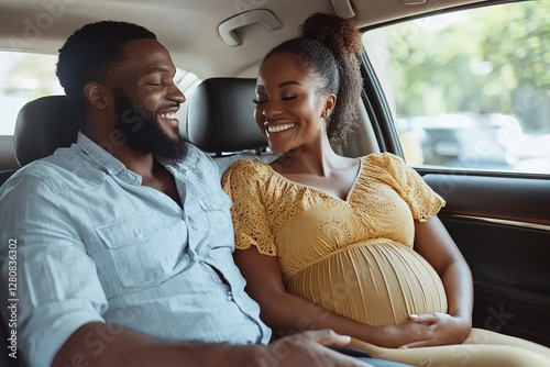 Happy african american husband and his pregnant wife driving in car, man touching woman's belly, looking and smiling at each other