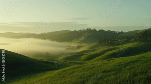 Serene morning landscape with rolling green hills and misty valleys under soft sunlight