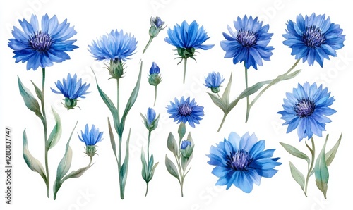 Blue Watercolour Cornflower Knapweed Illustration - Vibrant Centaurea Spring Flowers Art on White Background, Floral Blooming Concept photo