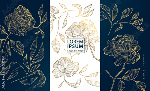 Vector set of gold line floral patterns, luxury elegant nature design, leaf modern flower backgrounds. Royal package, wine, cosmetic vip product, art deco elements