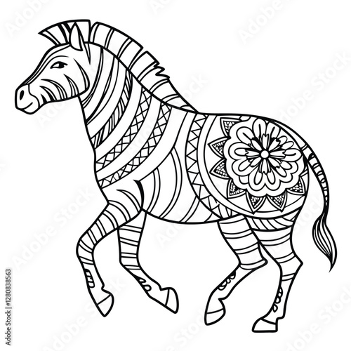 Zebra Coloring Page: Intricate Animal Mandala Design, Printable Art for Relaxation, Detailed Black and White Illustration for Adults & Kids