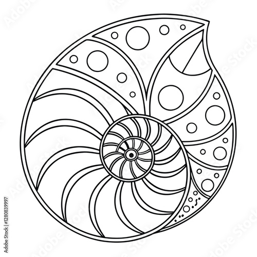 Nautilus Shell Coloring Page: Detailed Line Art Illustration of a Spiral Shell with Geometric Patterns and Circles for Creative Coloring Fun
