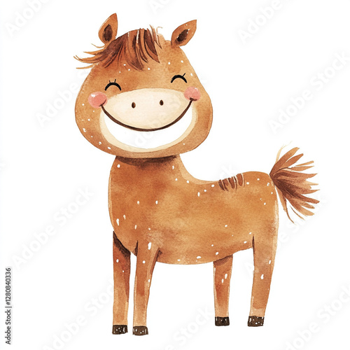 Laughing Brown Horse in Minimalist Style - Isolated Watercolor Artwork Perfect for Home Decor Children's Rooms or Equine-Themed Spaces Capturing Joy and Playfulness in Every Stroke