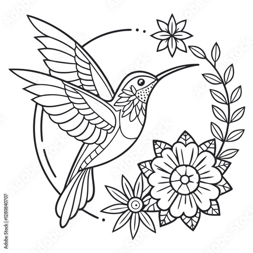 Hummingbird Coloring Page: Detailed Line Art of Bird, Flowers, and Circle Frame - Printable Nature Illustration for Relaxation & Creativity