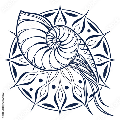 Nautilus Shell Mandala Art: Detailed Vector Illustration of Sea Shell in Geometric Floral Design, Intricate Line Art for Print & Decor