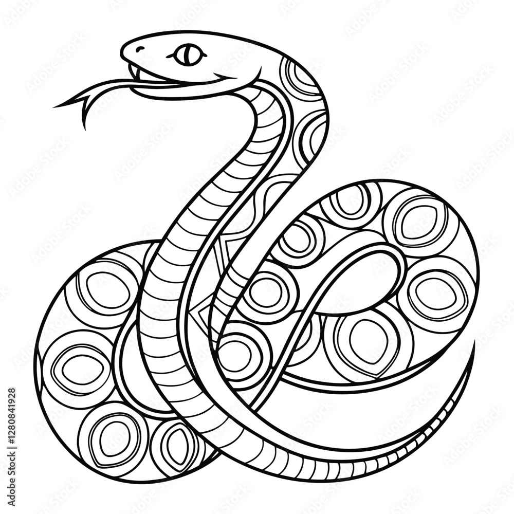 Fototapeta premium Detailed Snake Illustration: Black and White Line Art of Coiled Serpent with Intricate Circle Patterns for Coloring Pages & Tattoo Designs