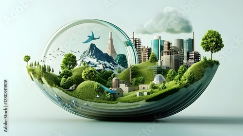 Sustainable industry carbon neutral factories and clean energy infrastructure in a futuristic eco friendly cityscape with a minimalist 3D style  The scene depicts a vision of a green