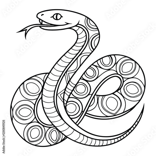 Detailed Snake Illustration: Black and White Line Art of Coiled Serpent with Intricate Circle Patterns for Coloring Pages & Tattoo Designs