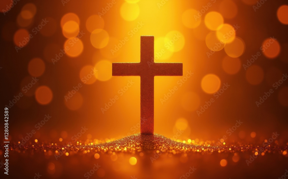 cross on IndianRed bokeh lights background cross on IndianRed bokeh lights background