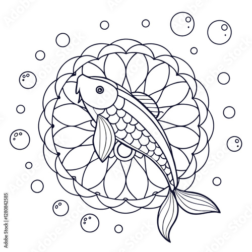 Koi Fish Mandala Coloring Page: Detailed Line Art of a Japanese Carp with Floral Background for Relaxation & Creative Coloring Fun