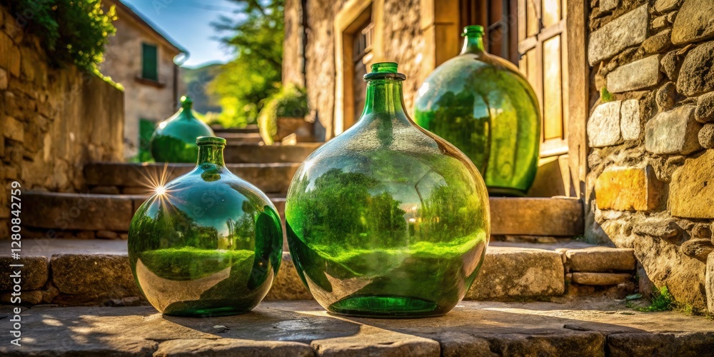 Fototapeta premium Aged green glass bottles, a sunlit Italian still life, whispers tales of rustic beauty.