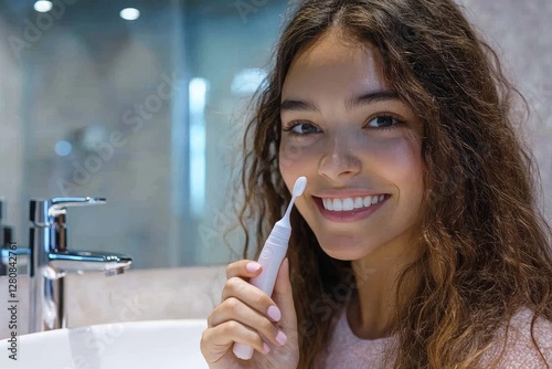 Young woman holding domestic dental water flosser in front of bathroom wash basin, pov view shot